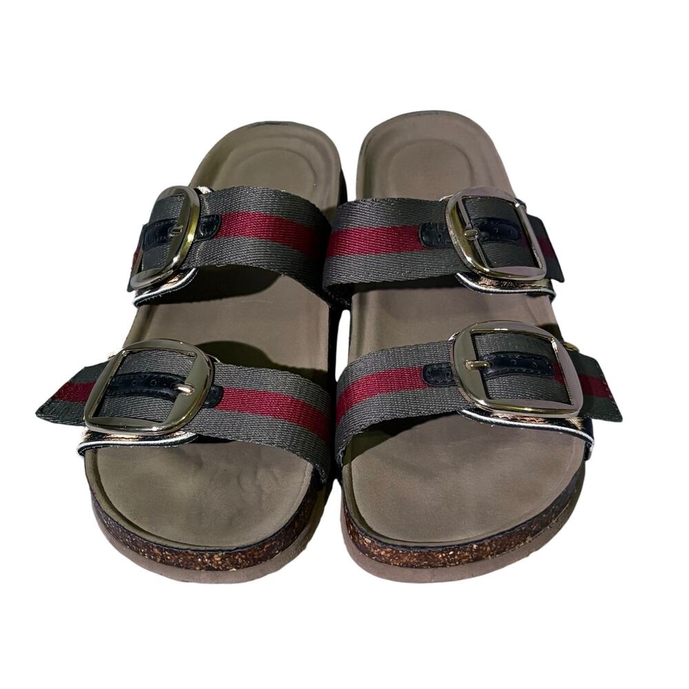 Madden Girl Double Buckle Sandals Size 8 – Striped Slides with Cork Sole – EUC